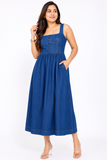 Women’s Denim Square Neck Midi Dress with Pockets