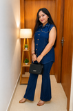 Women’s Premium Studded Denim Co-Ord Set – Sleeveless Top & Flared Pants