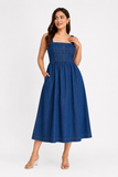 Women’s  Denim Square Neck Midi Dress with Pockets