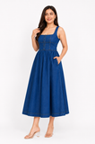 Women’s  Denim Square Neck Midi Dress with Pockets