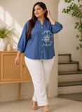 Blue Floral Patch Viscose Shirt
