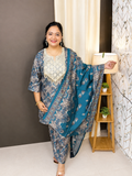 Teal Paisley Printed Muslin Kurta Set with Dupatta